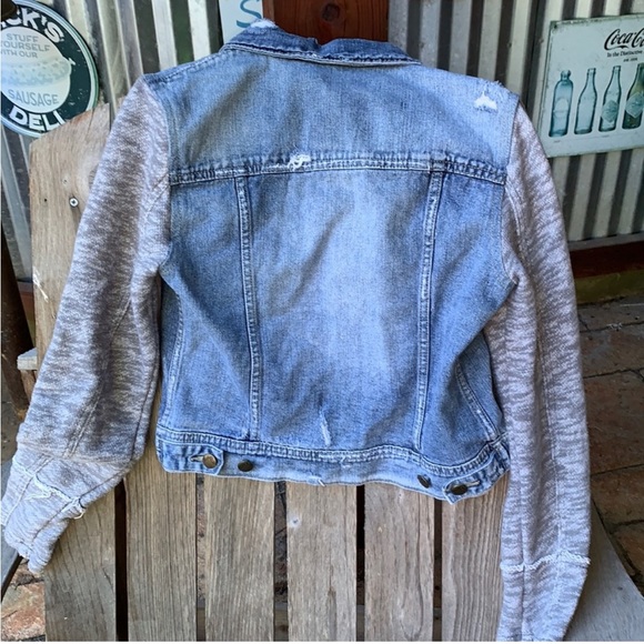 EUC Free People Distressed Denim Jacket with Contrast  Grey Hood/Arms - SM - Picture 2 of 7
